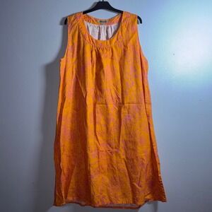 FLAX Orange Pink Floral Linen Sleeveless Midi Dress Size L
